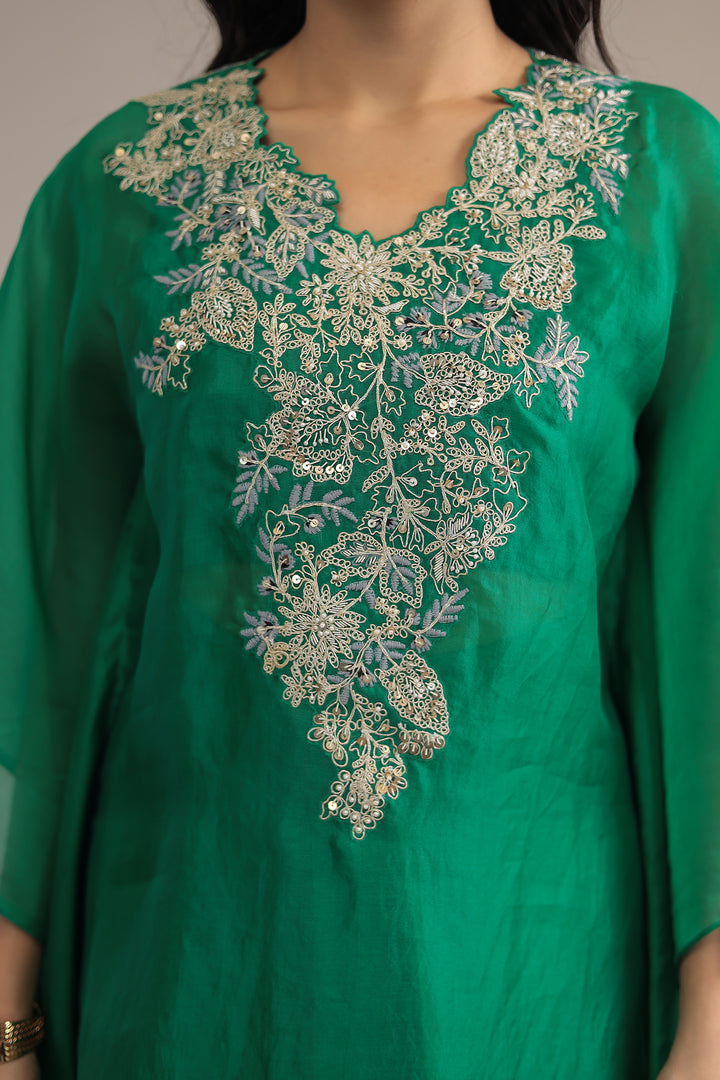 Green Elegant Silk Kaftan with Dori, Sequins and Thread work
