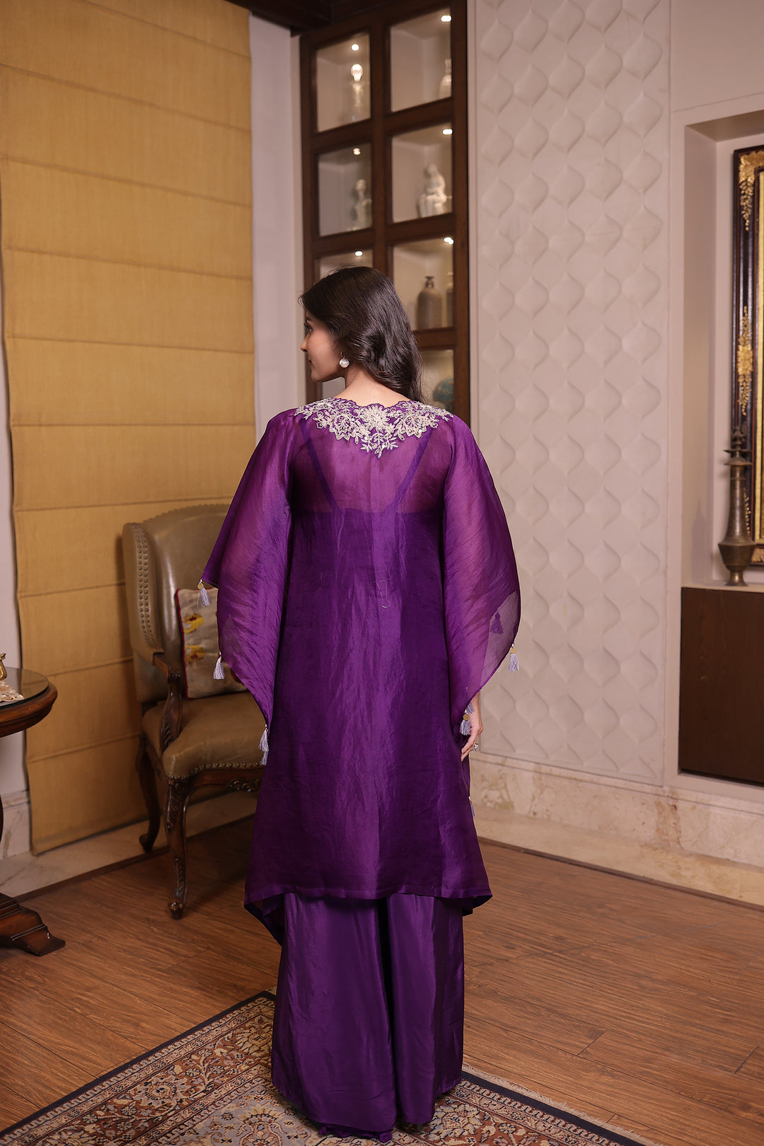 Purple Elegant Silk Kaftan with Sequins and Thread work