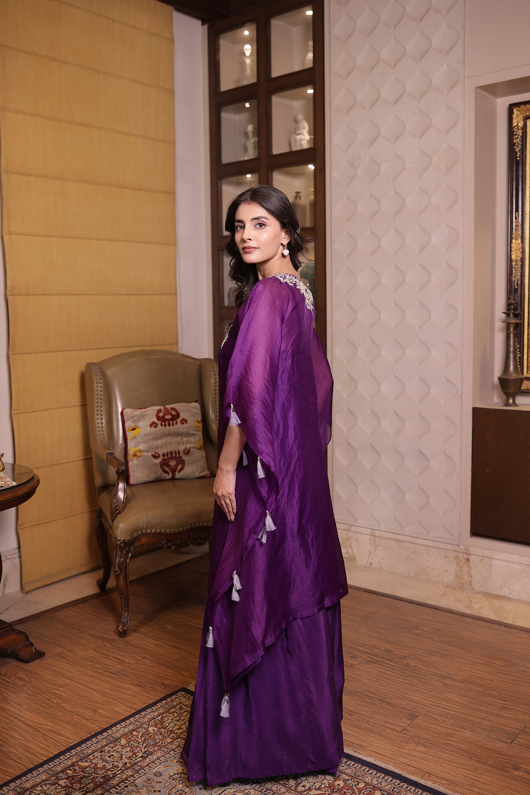 Purple Elegant Silk Kaftan with Sequins and Thread work