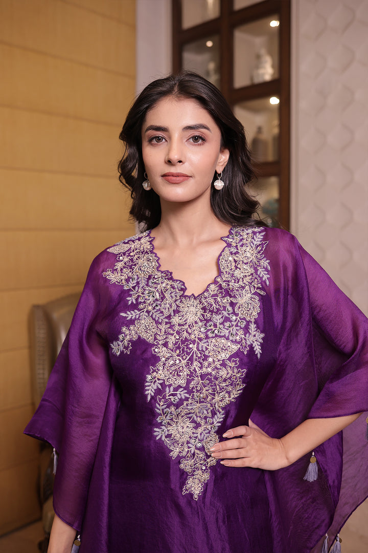 Purple Elegant Silk Kaftan with Sequins and Thread work
