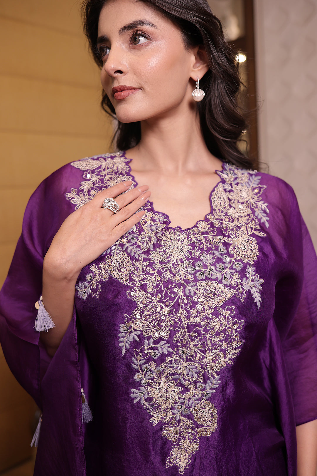 Purple Elegant Silk Kaftan with Sequins and Thread work