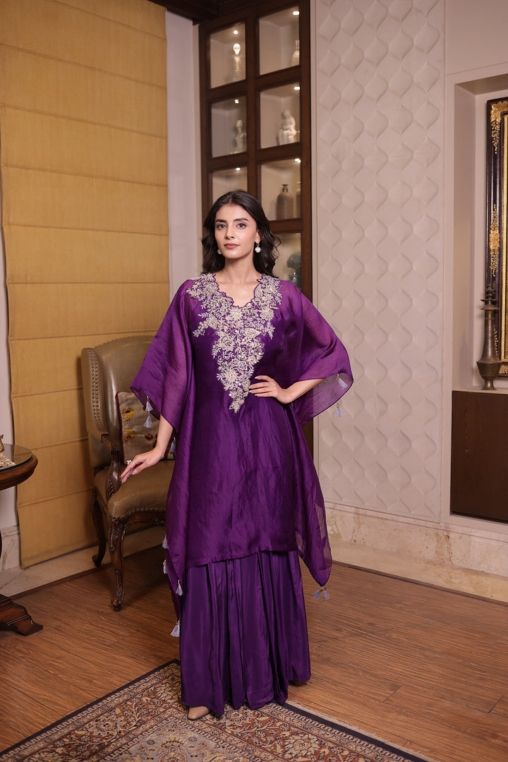Purple Elegant Silk Kaftan with Sequins and Thread work