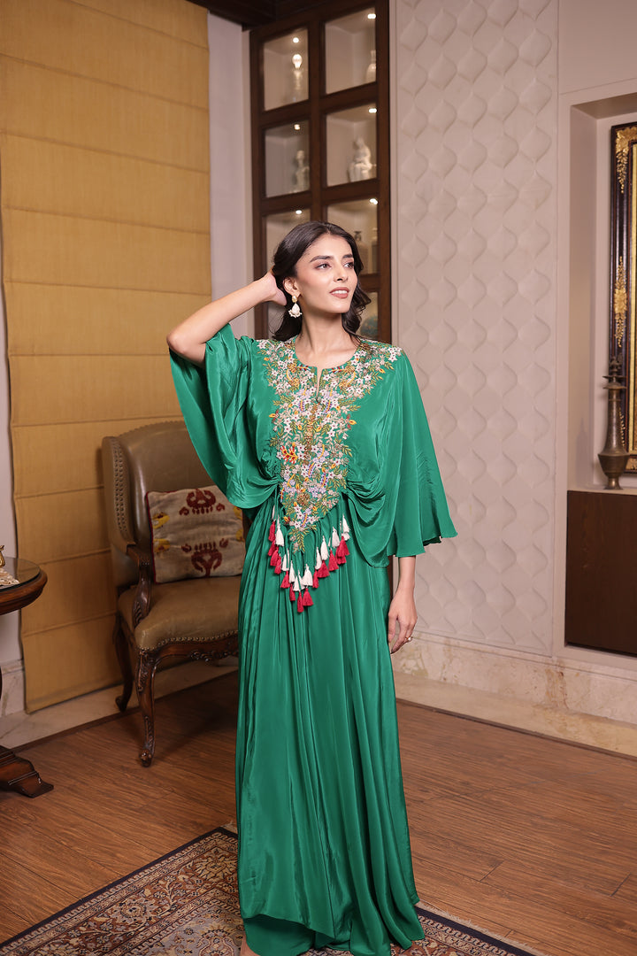 Dark Green Silk Kaftan with Sequins and Thread work
