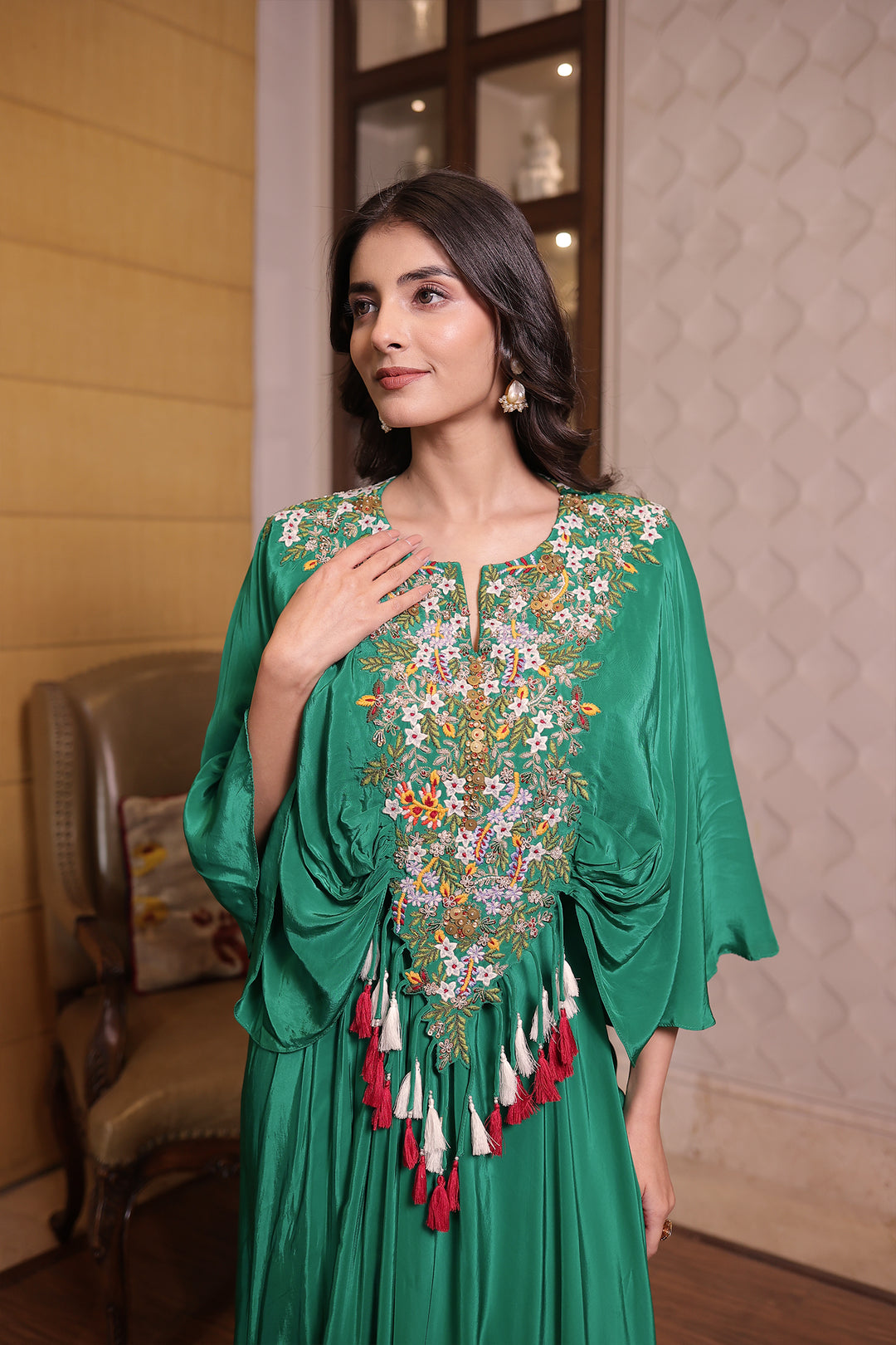 Dark Green Silk Kaftan with Sequins and Thread work
