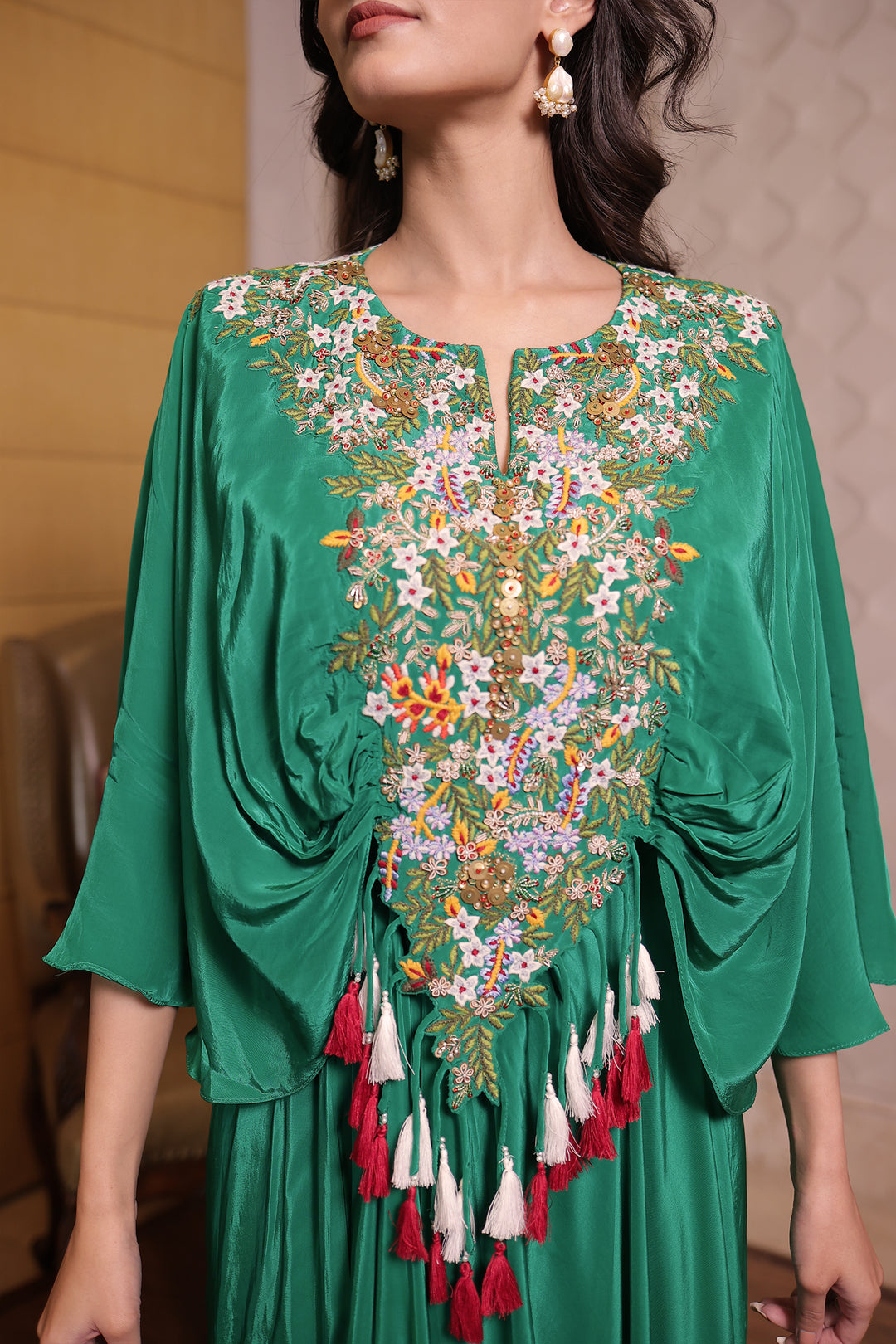 Dark Green Silk Kaftan with Sequins and Thread work