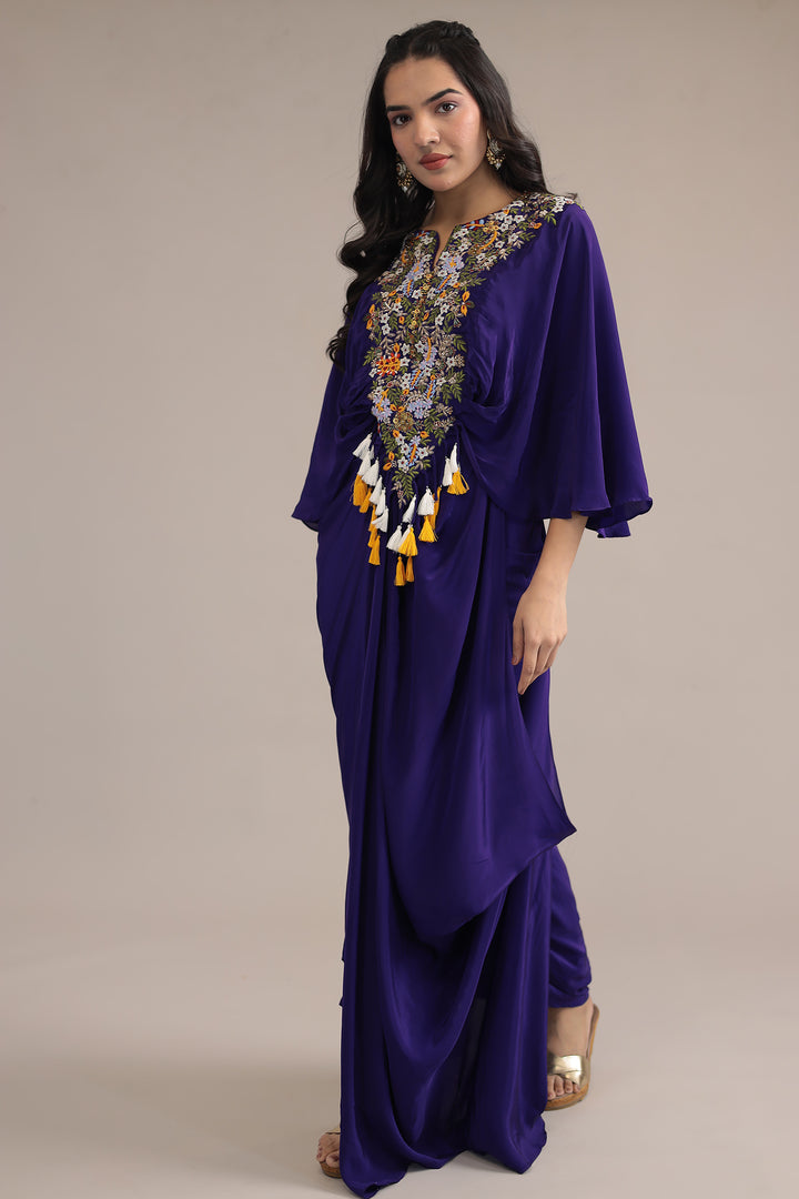 Purple Crepe silk Kaftan with Thread and Zardozi work