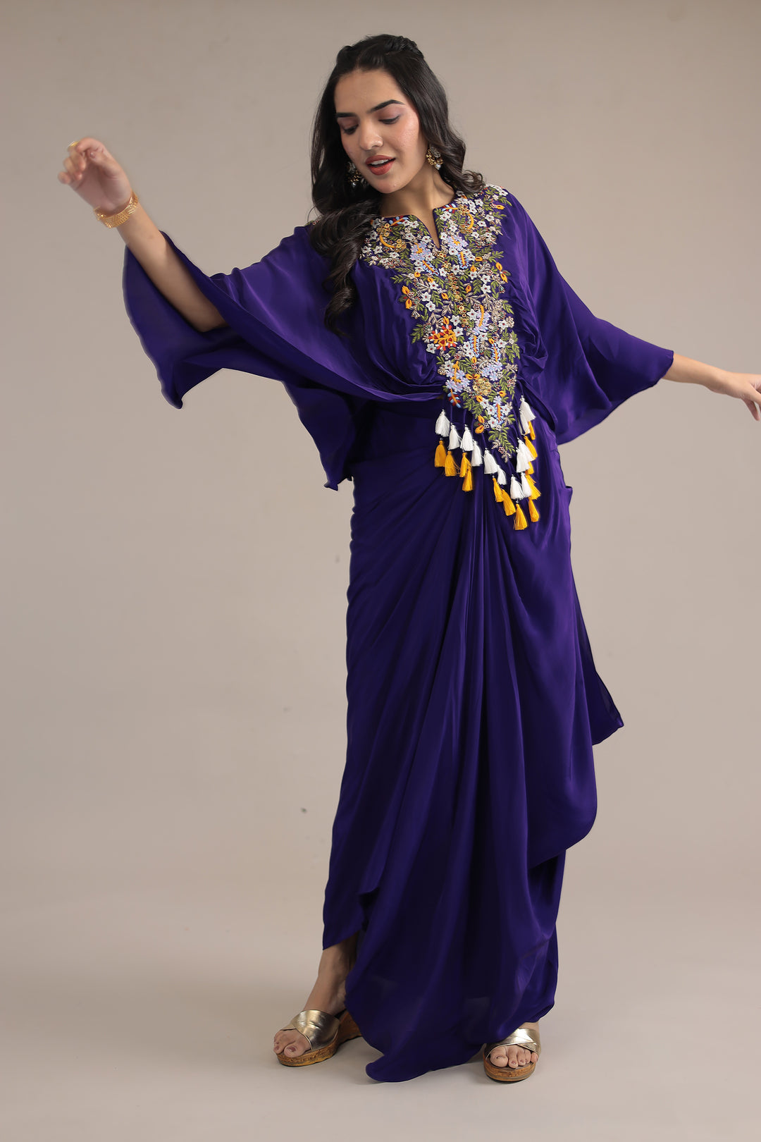 Red Crepe silk Kaftan with Thread and Zardozi work