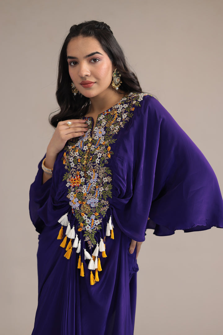 Purple Crepe silk Kaftan with Thread and Zardozi work