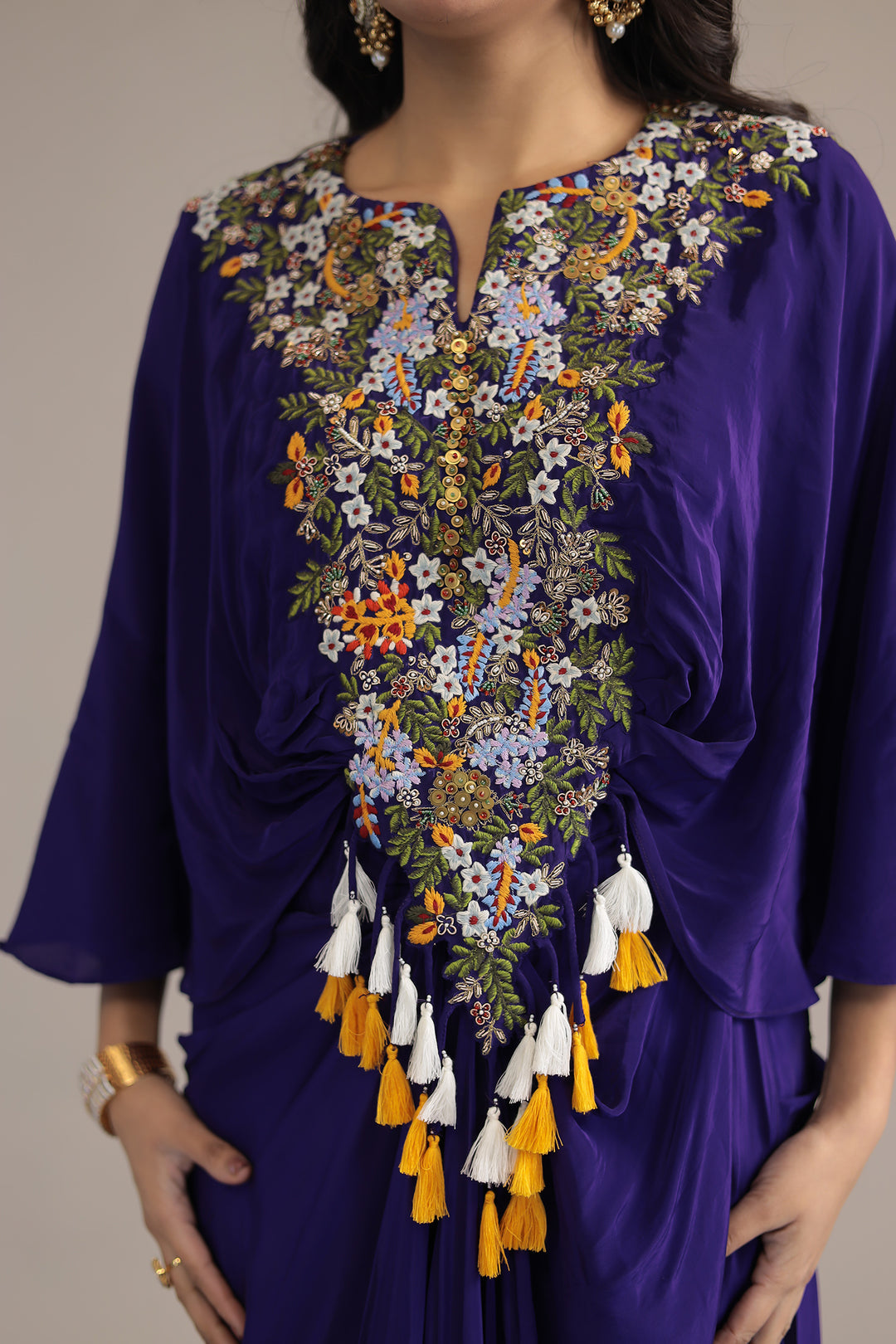 Purple Crepe silk Kaftan with Thread and Zardozi work