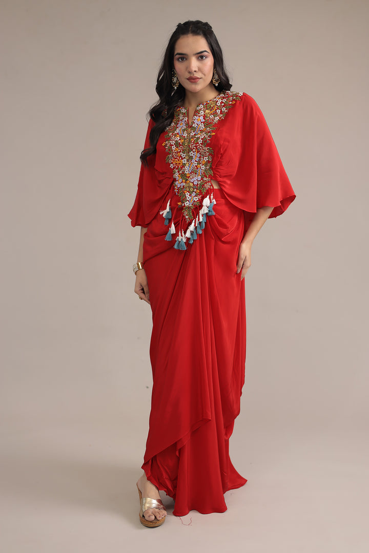Red Crepe silk Kaftan with Thread and Zardozi work