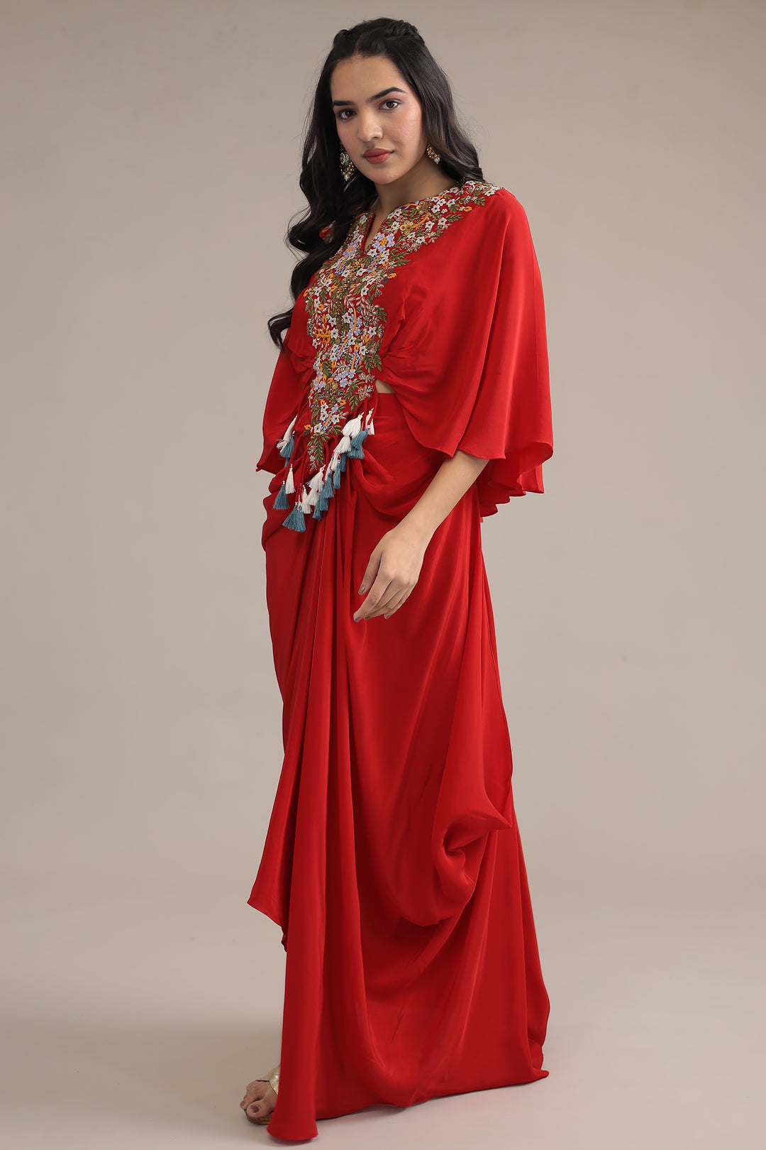 Red Crepe silk Kaftan with Thread and Zardozi work
