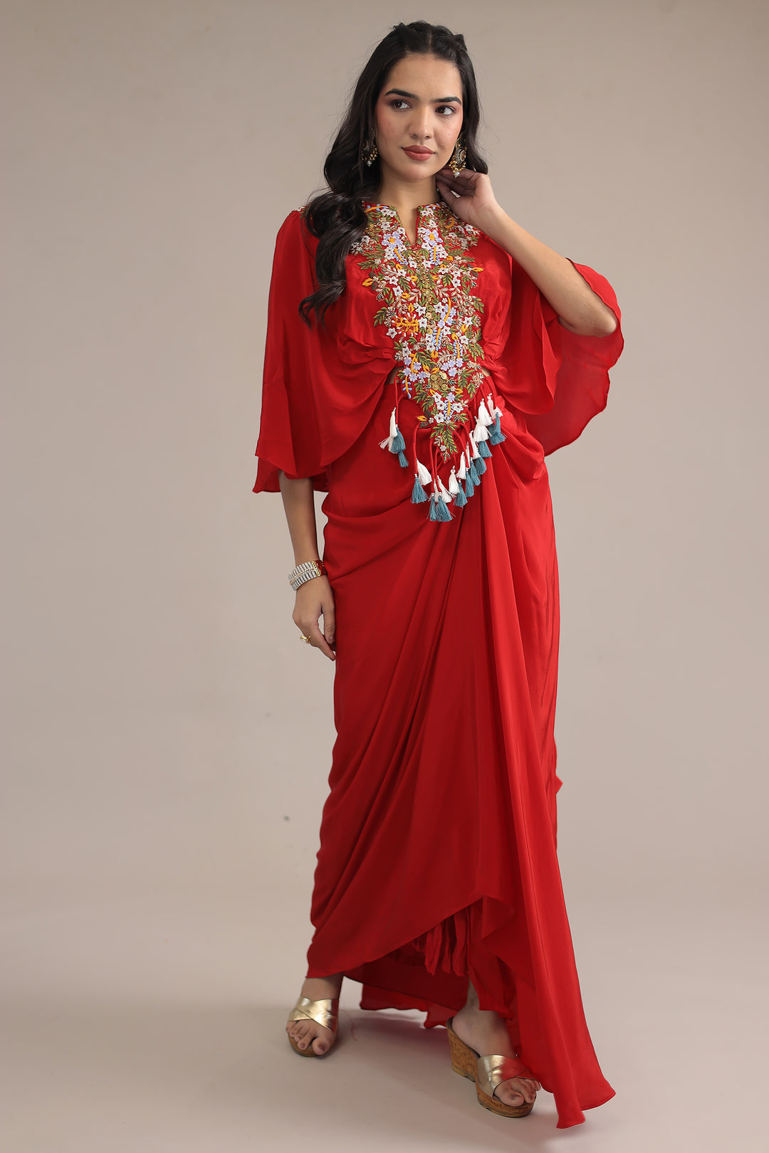 Red Crepe silk Kaftan with Thread and Zardozi work