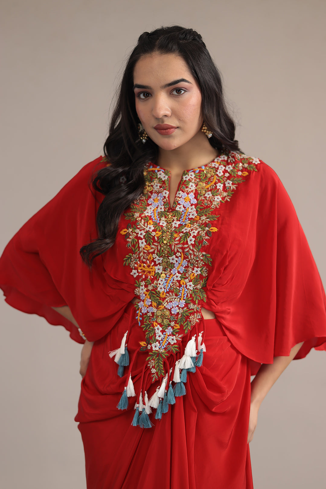 Red Crepe silk Kaftan with Thread and Zardozi work