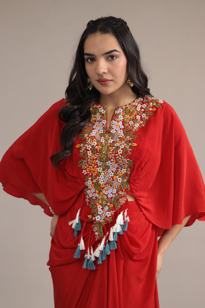 Red Crepe silk Kaftan with Thread and Zardozi work