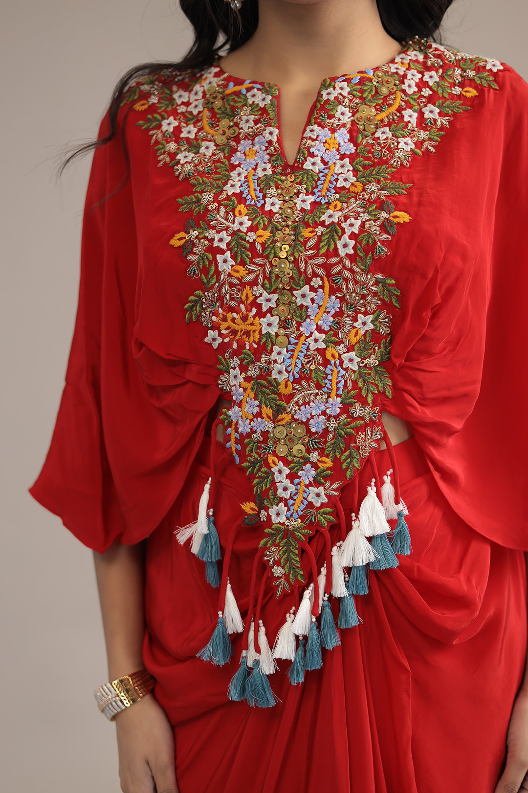 Red Crepe silk Kaftan with Thread and Zardozi work