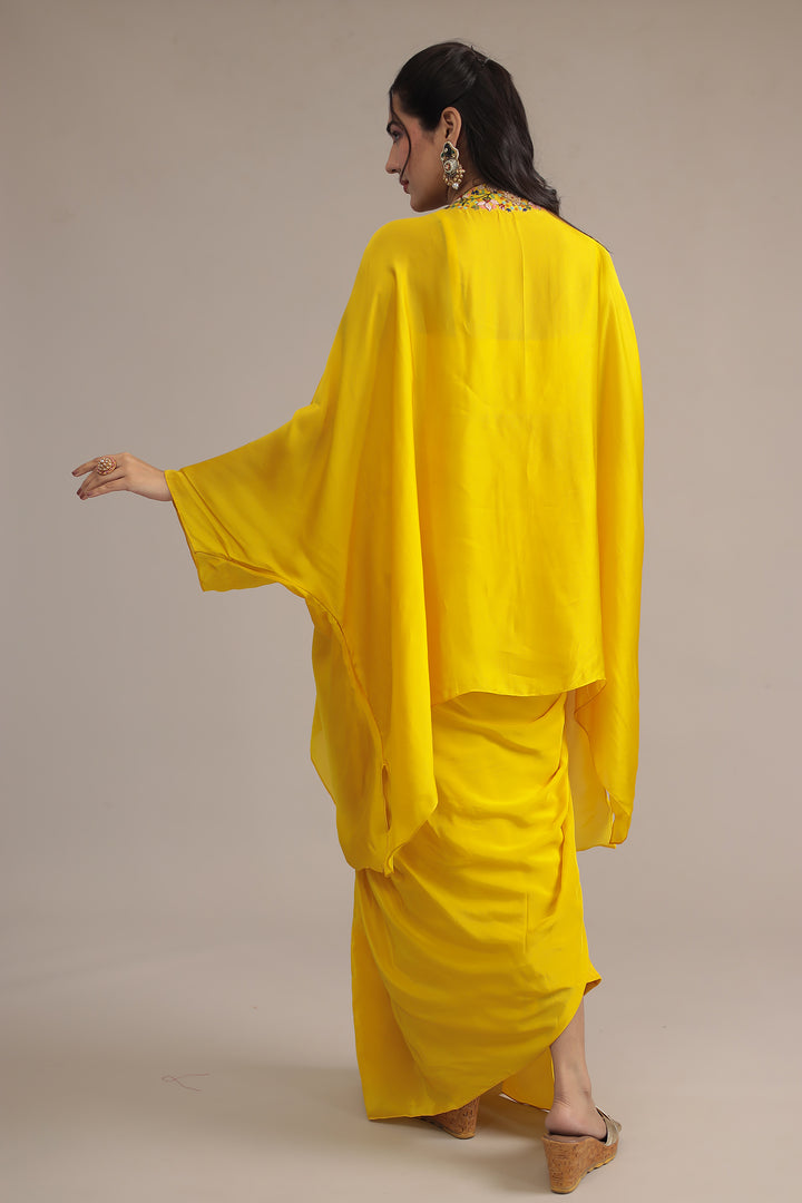 Yellow Crepe silk Kaftan with Pearl, Thread and Zardozi work
