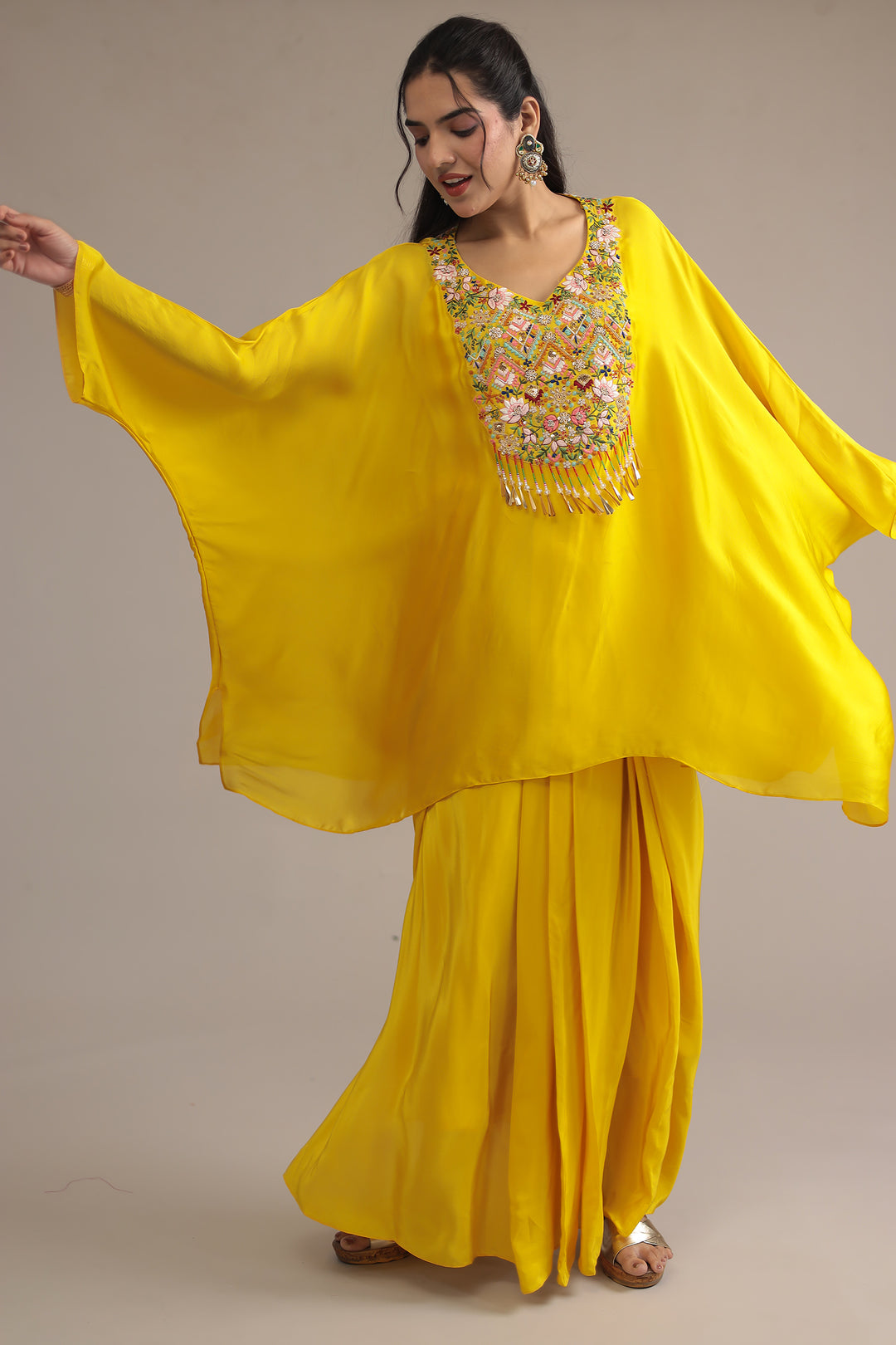 Yellow Crepe silk Kaftan with Pearl, Thread and Zardozi work
