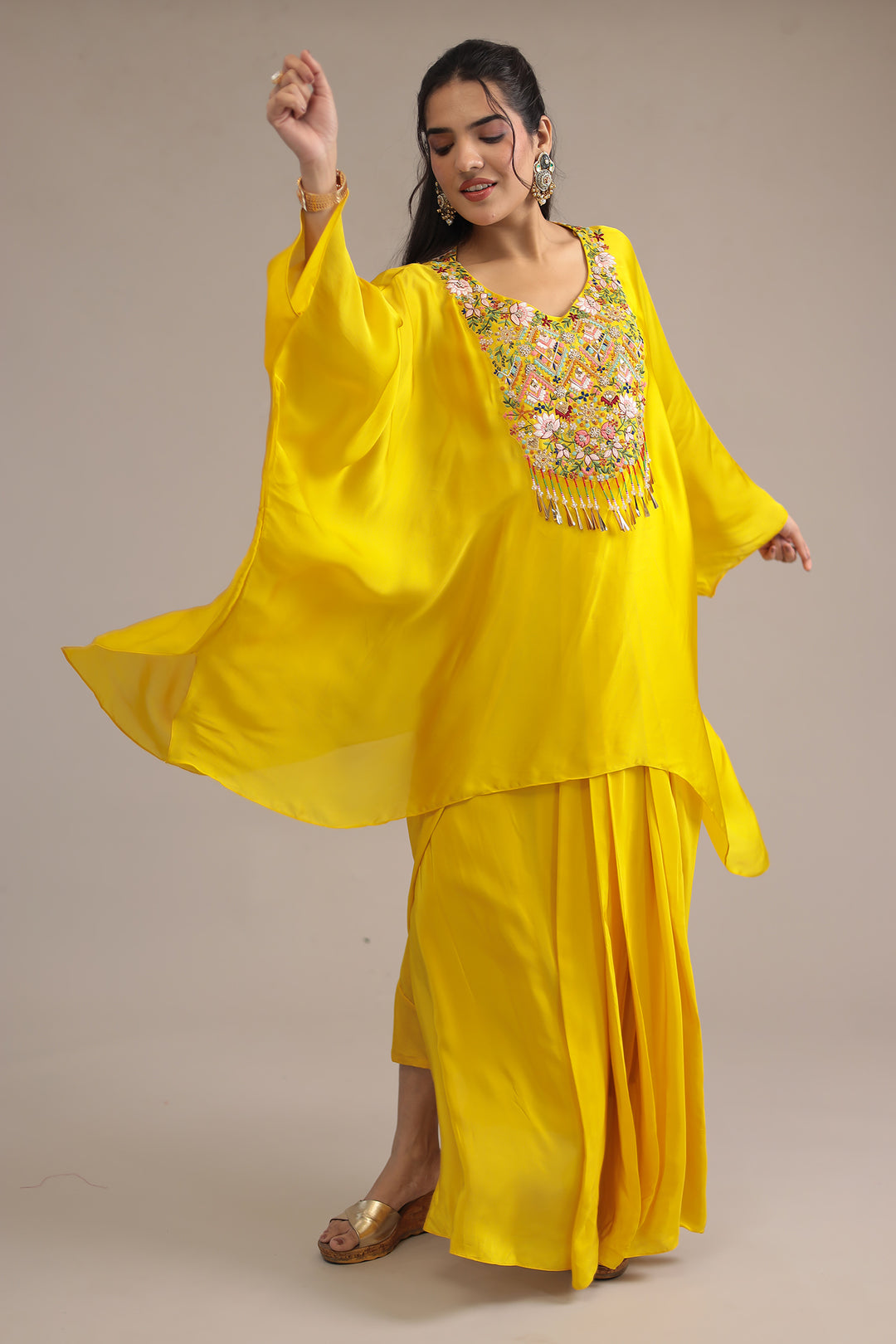 Yellow Crepe silk Kaftan with Pearl, Thread and Zardozi work