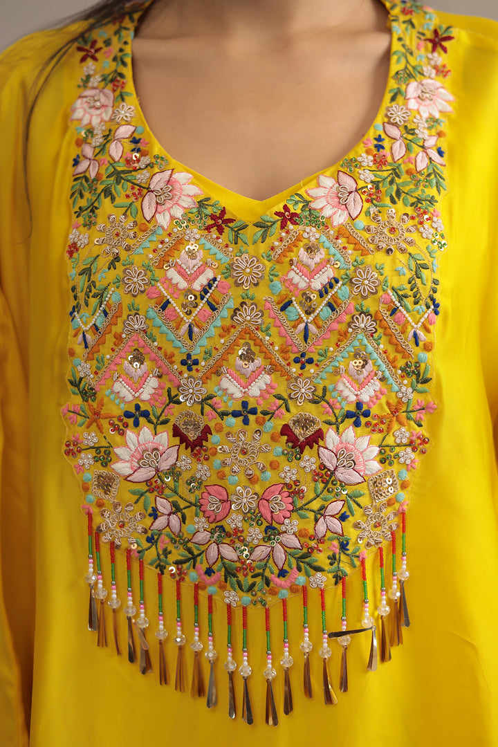 Yellow Crepe silk Kaftan with Pearl, Thread and Zardozi work