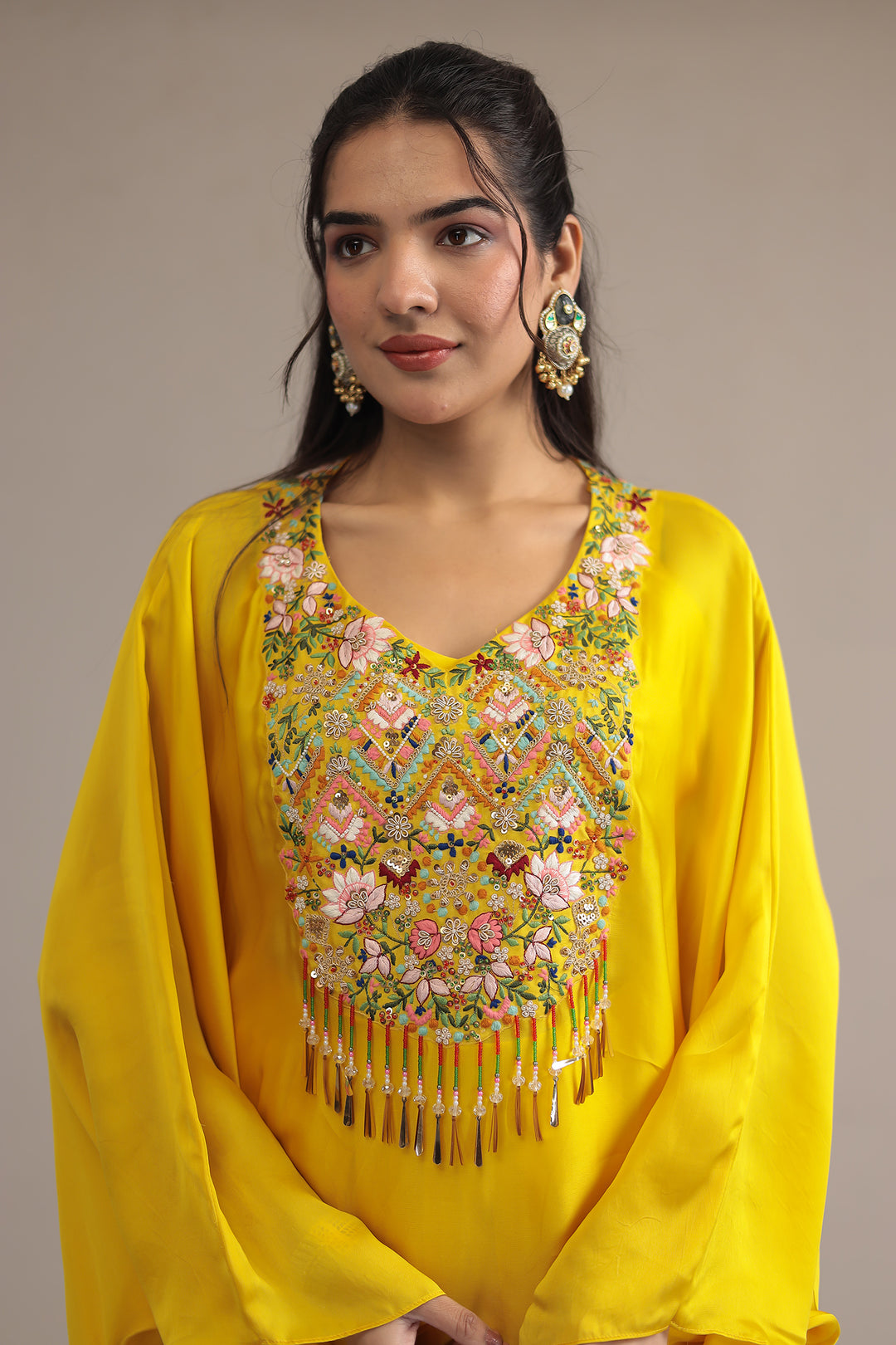 Yellow Crepe silk Kaftan with Pearl, Thread and Zardozi work