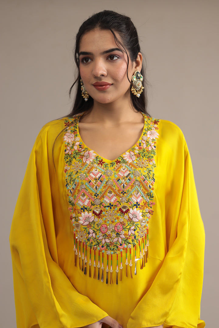 Yellow Crepe silk Kaftan with Pearl, Thread and Zardozi work