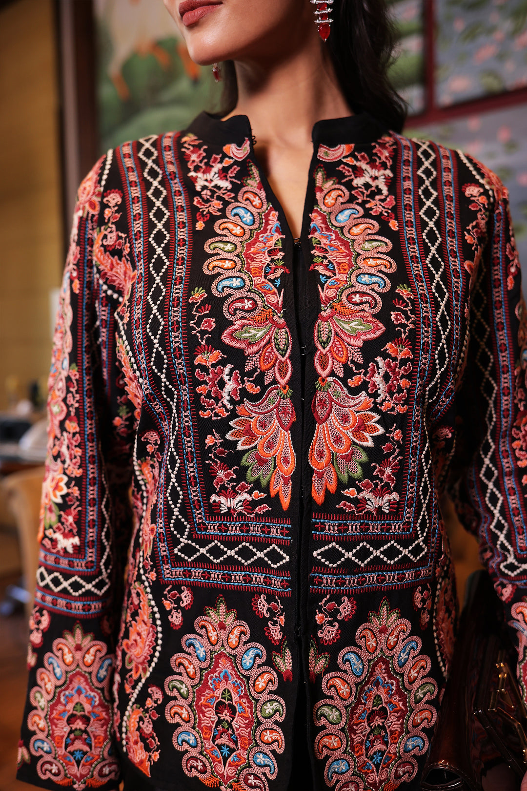 Black Twill cotton Jacket Stitched with Thread work