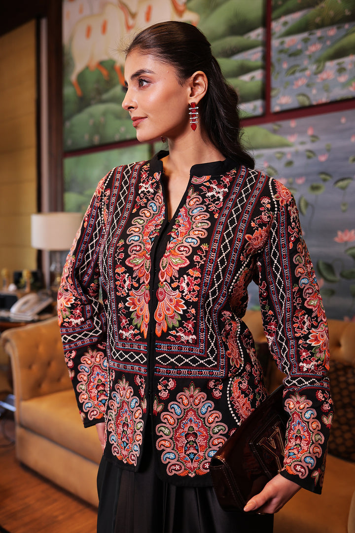 Black Twill cotton Jacket Stitched with Thread work