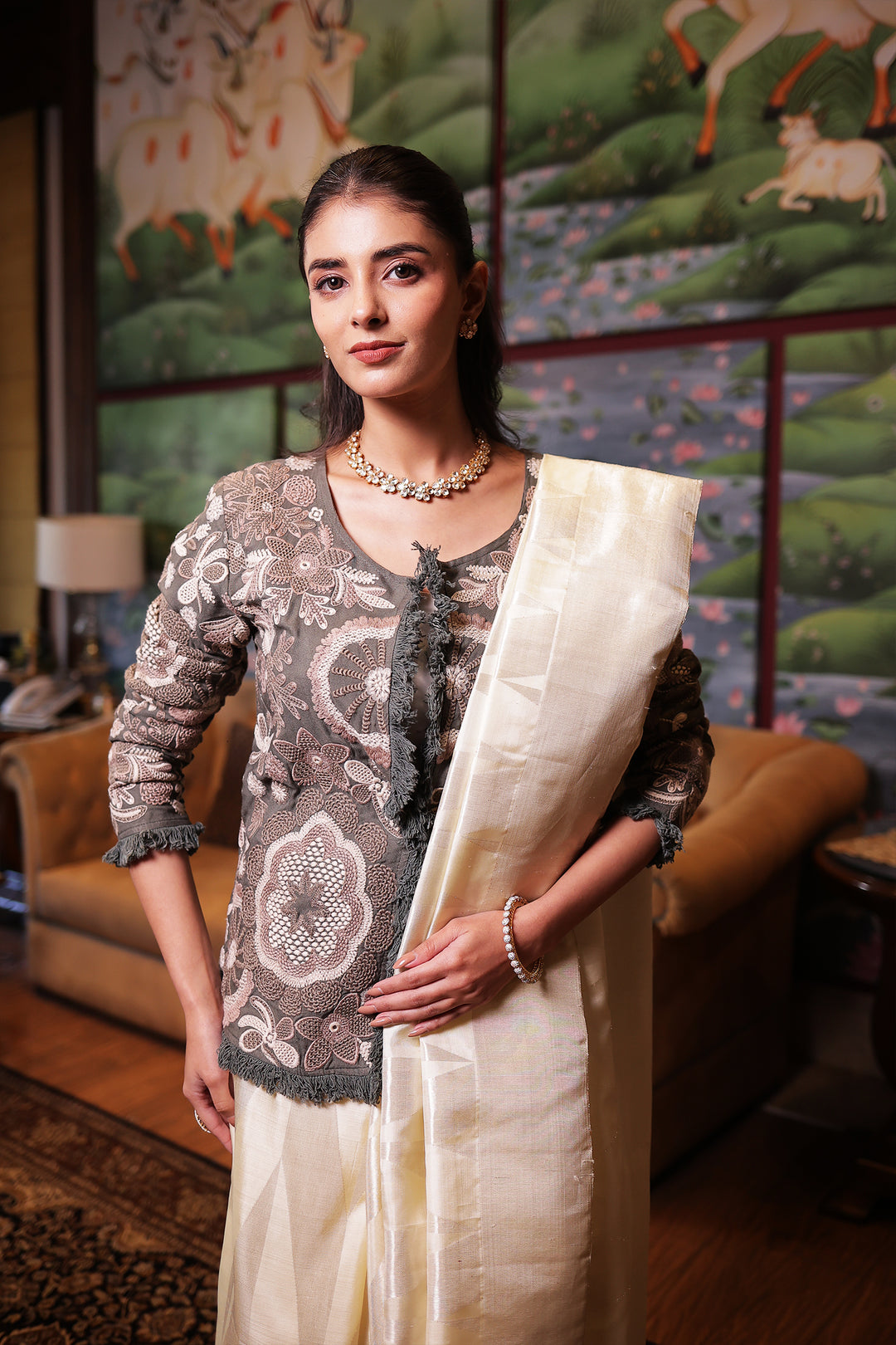 Dark Green Twill cotton Jacket Stitched with Thread work