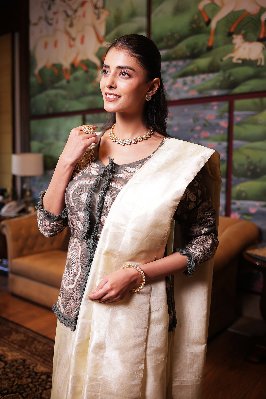 Dark Green Twill cotton Jacket Stitched with Thread work