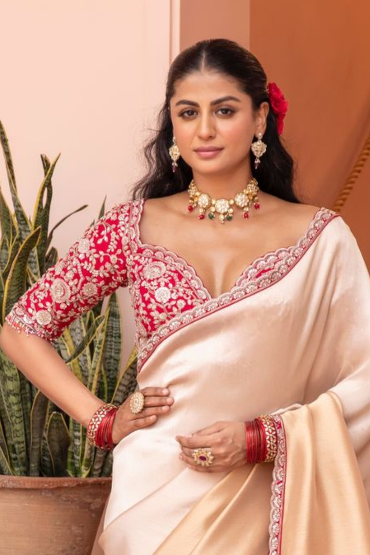 Tissue Saree  with Aari, Cutdana, Pearl, Sequins, Thread, Zari work.