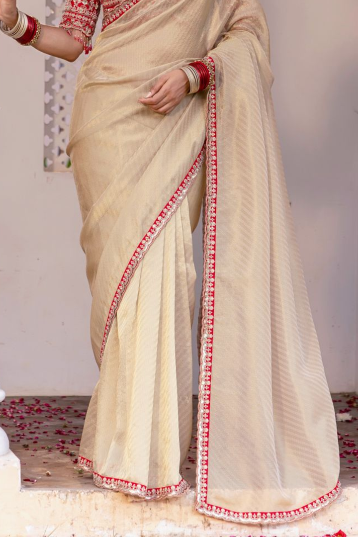 Red Tissue Saree  with Aari, Cutdana, Sequins, Thread and Zari work