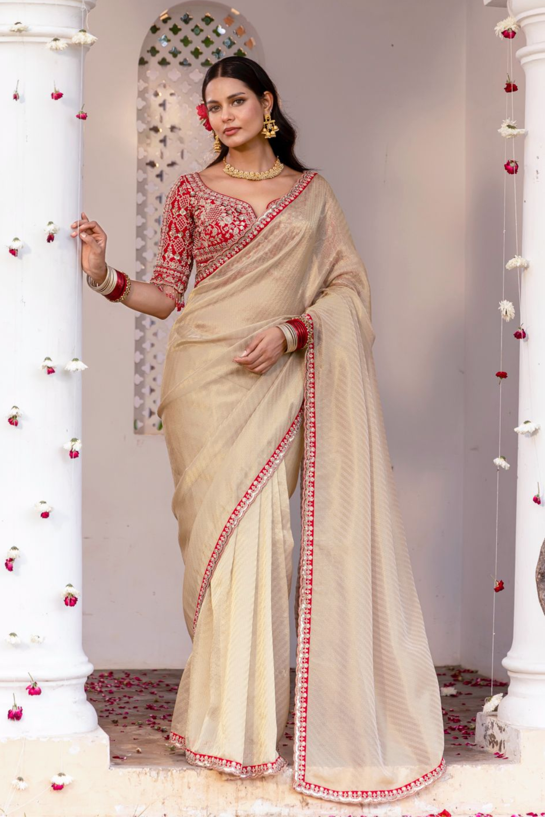 Red Tissue Saree  with Aari, Cutdana, Sequins, Thread and Zari work