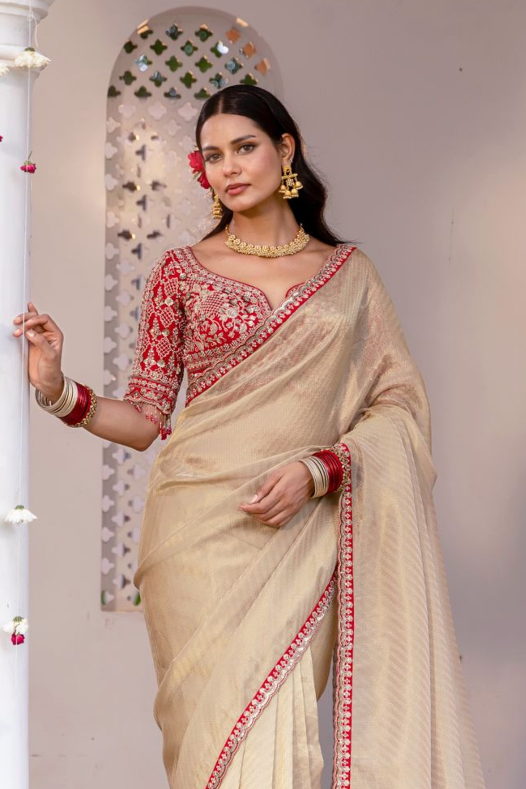 Red Tissue Saree  with Aari, Cutdana, Sequins, Thread and Zari work