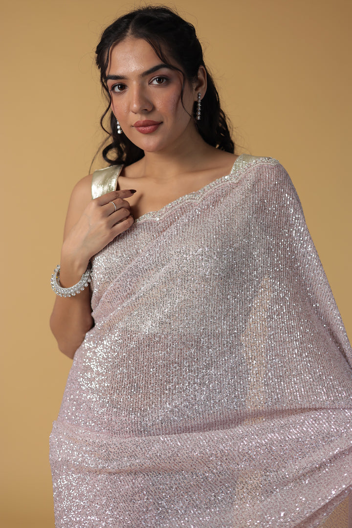 Light Pink Shimmer Silk Saree with Cutdana and Sequins work