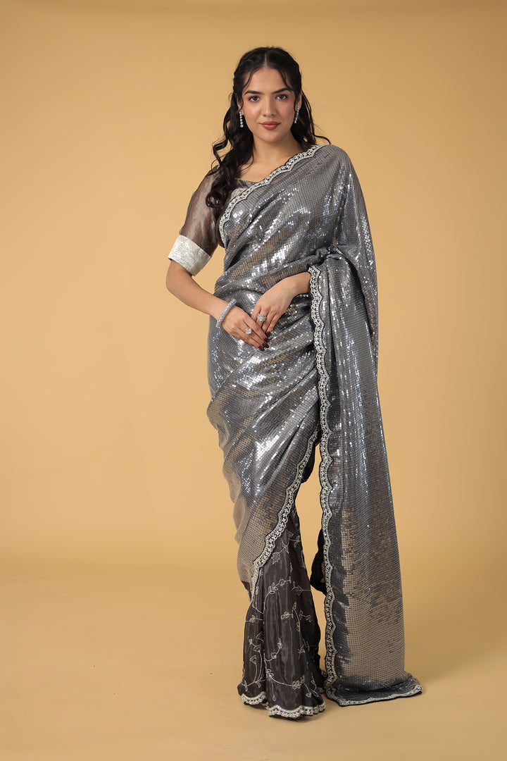 Dark Blue Shimmer Silk Saree with Cutdana and Sequins work