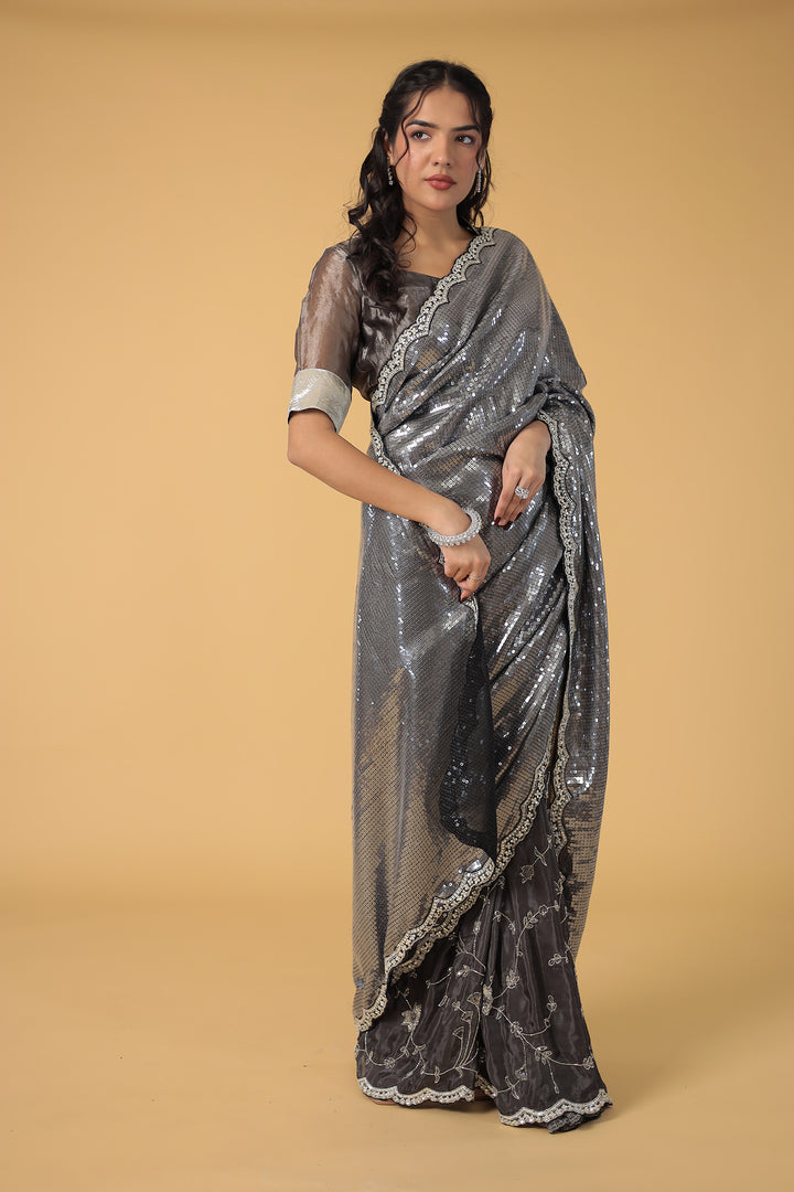 Dark Blue Shimmer Silk Saree with Cutdana and Sequins work