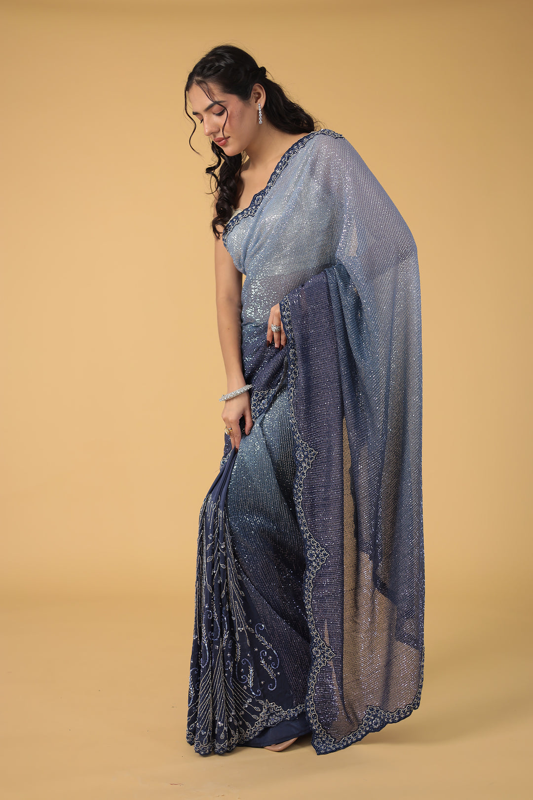 Blue Shimmer Net Silk Saree  with Cutdana and Sequins work