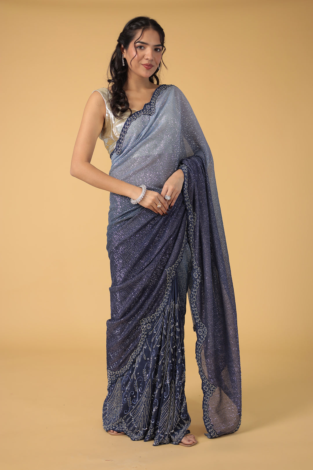 Peach Shimmer Net Silk Saree  with Cutdana and Sequins work