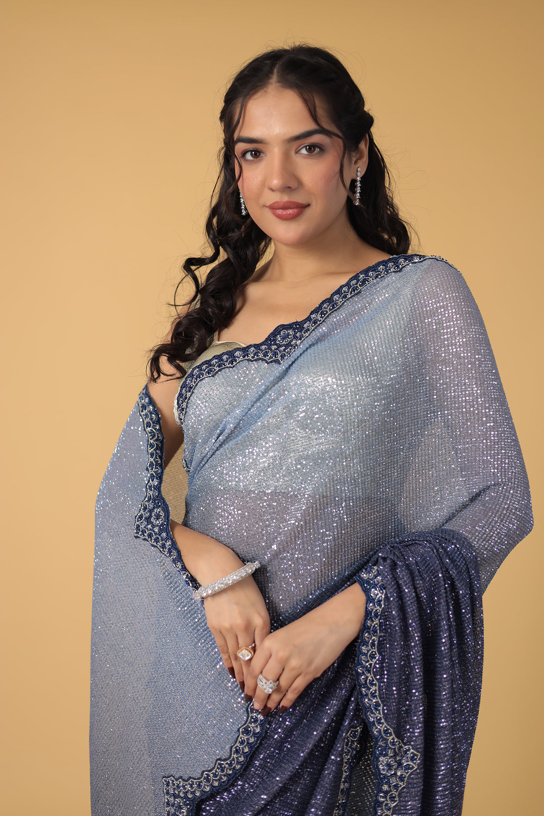Blue Shimmer Net Silk Saree  with Cutdana and Sequins work
