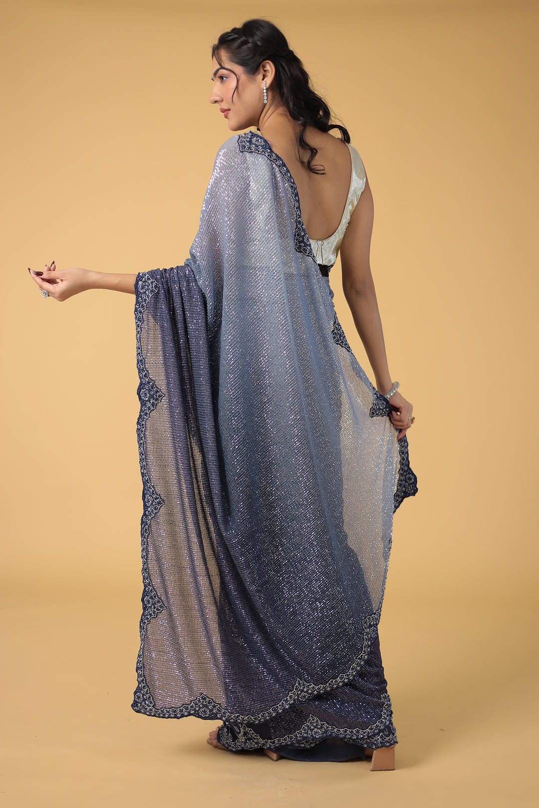 Peach Shimmer Net Silk Saree  with Cutdana and Sequins work