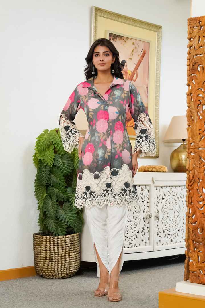 Printed Grey Silk Kurta 