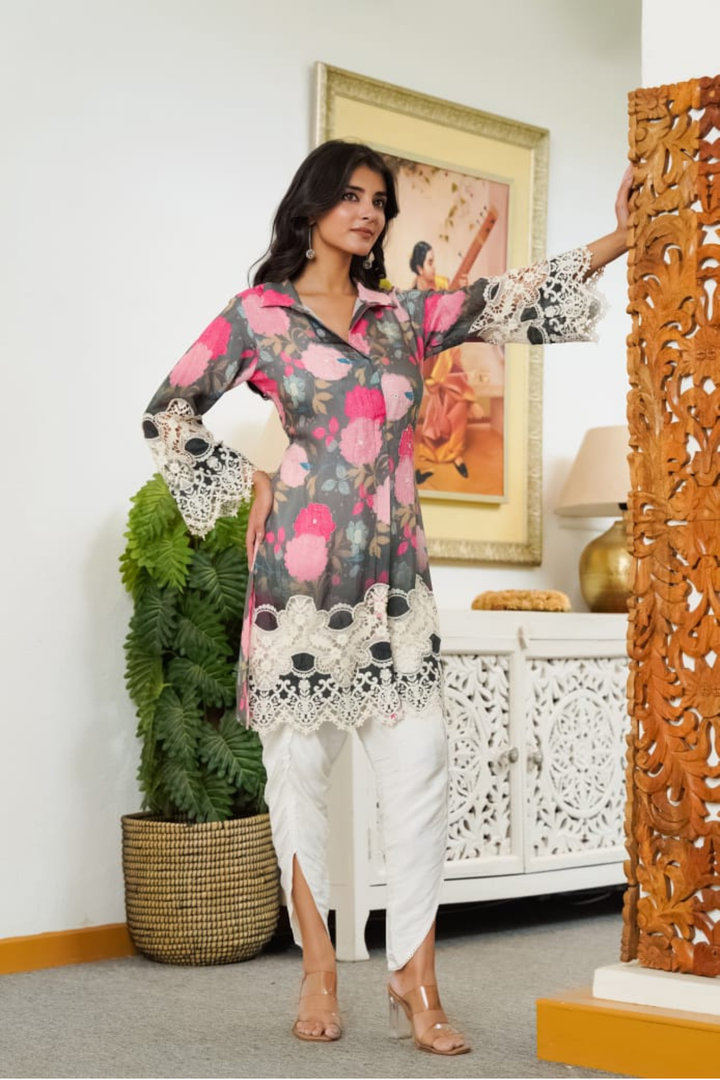 Embroidered Digital Print Silk Blend Kurta Set Stitched with Dhoti Pant