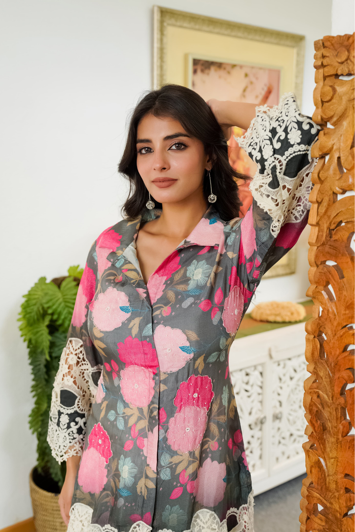 Embroidered Digital Print Silk Blend Kurta Set Stitched with Dhoti Pant