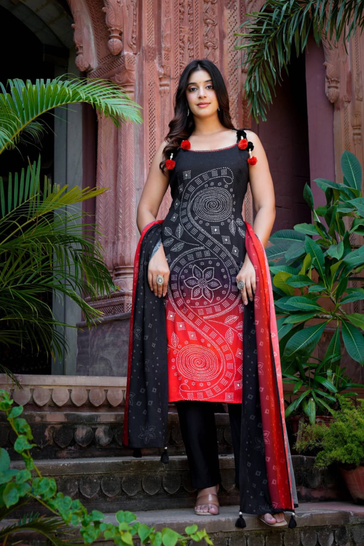 Bandhej Silk Blend Straight Kurta Set Stitched with Cutdana work