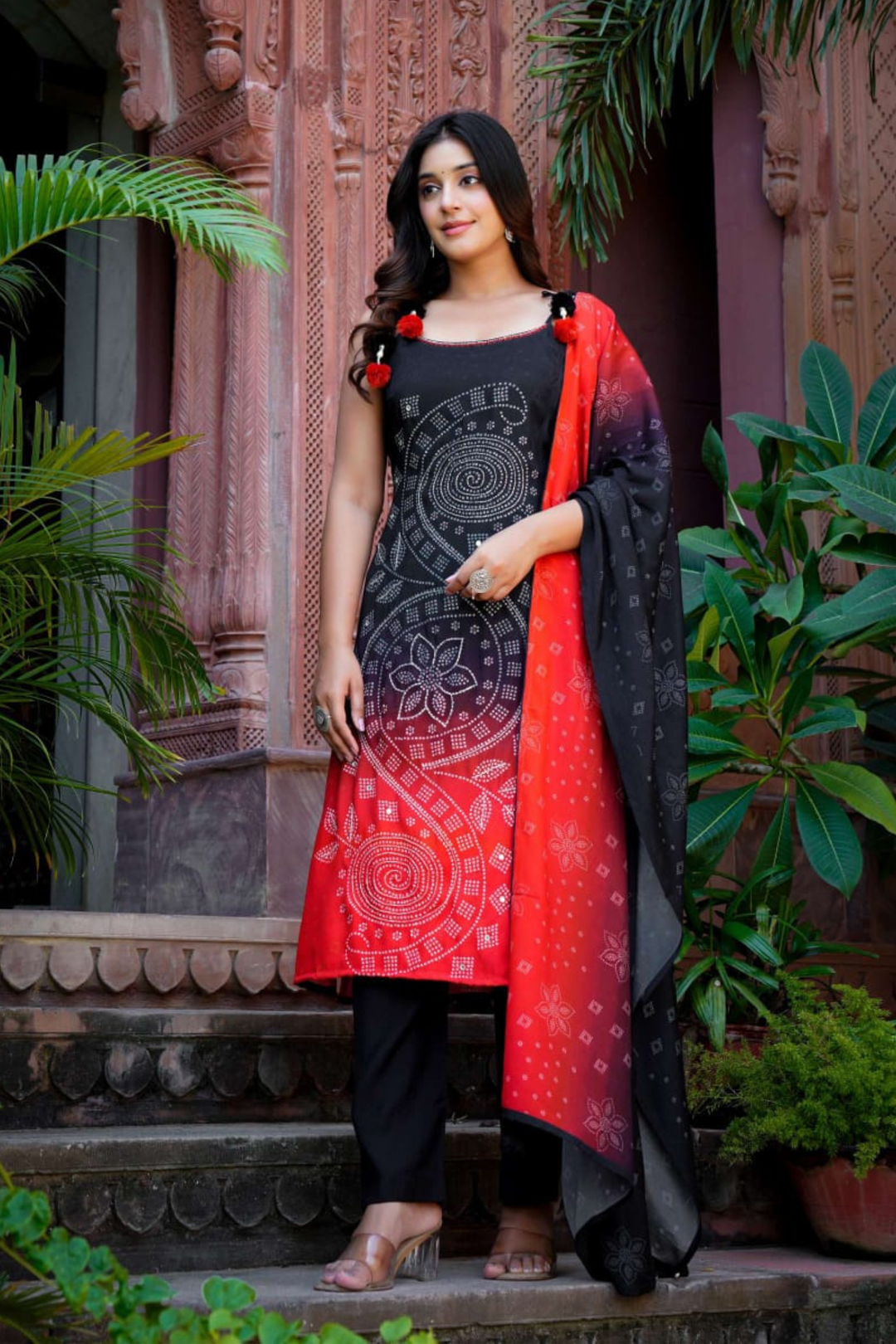 Bandhej Silk Blend Straight Kurta Set Stitched with Cutdana work