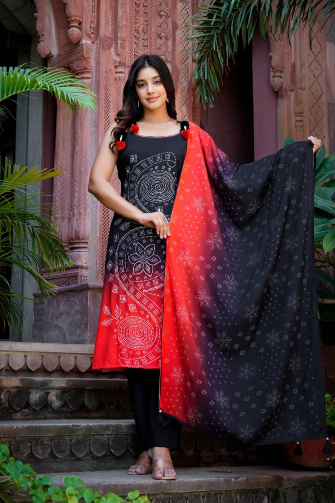 Black Bandhej Silk Kurta