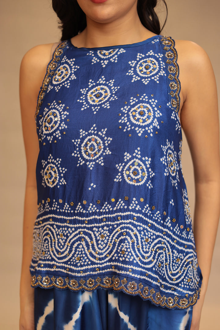 Leheriya, Bandhej Satin silk Indowestern with Sequins and Stone work