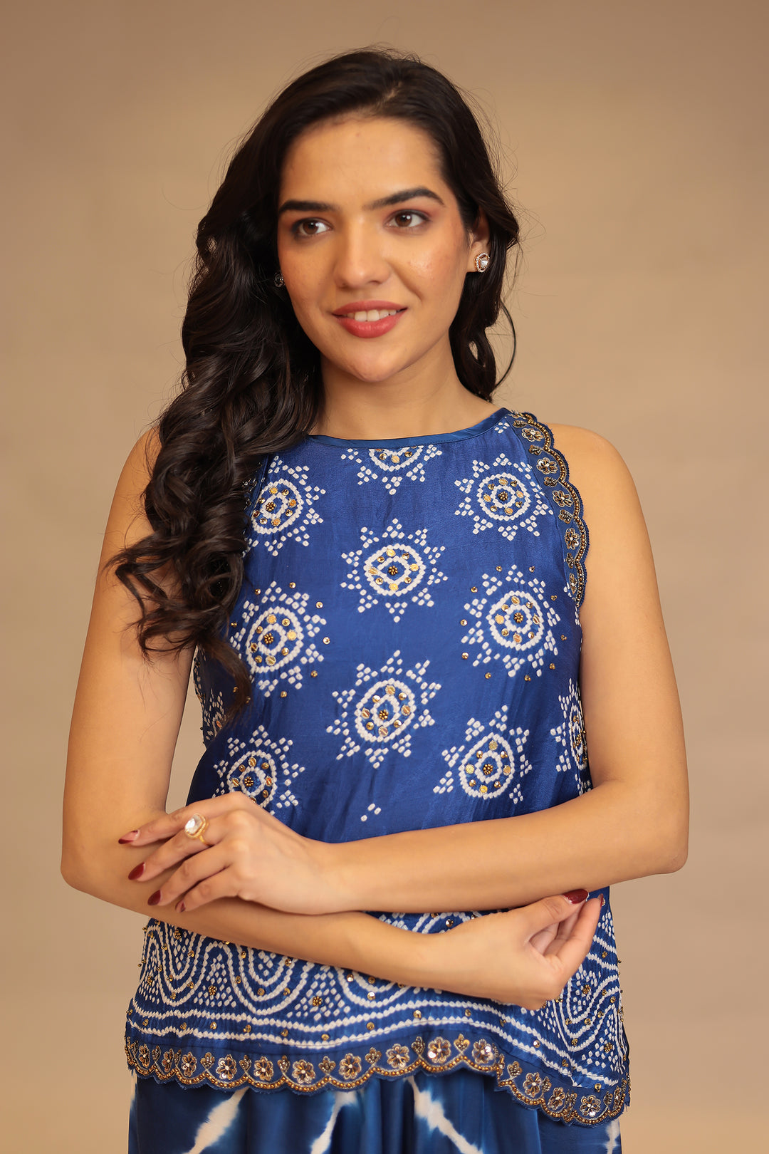 Leheriya, Bandhej Satin silk Indowestern with Sequins and Stone work