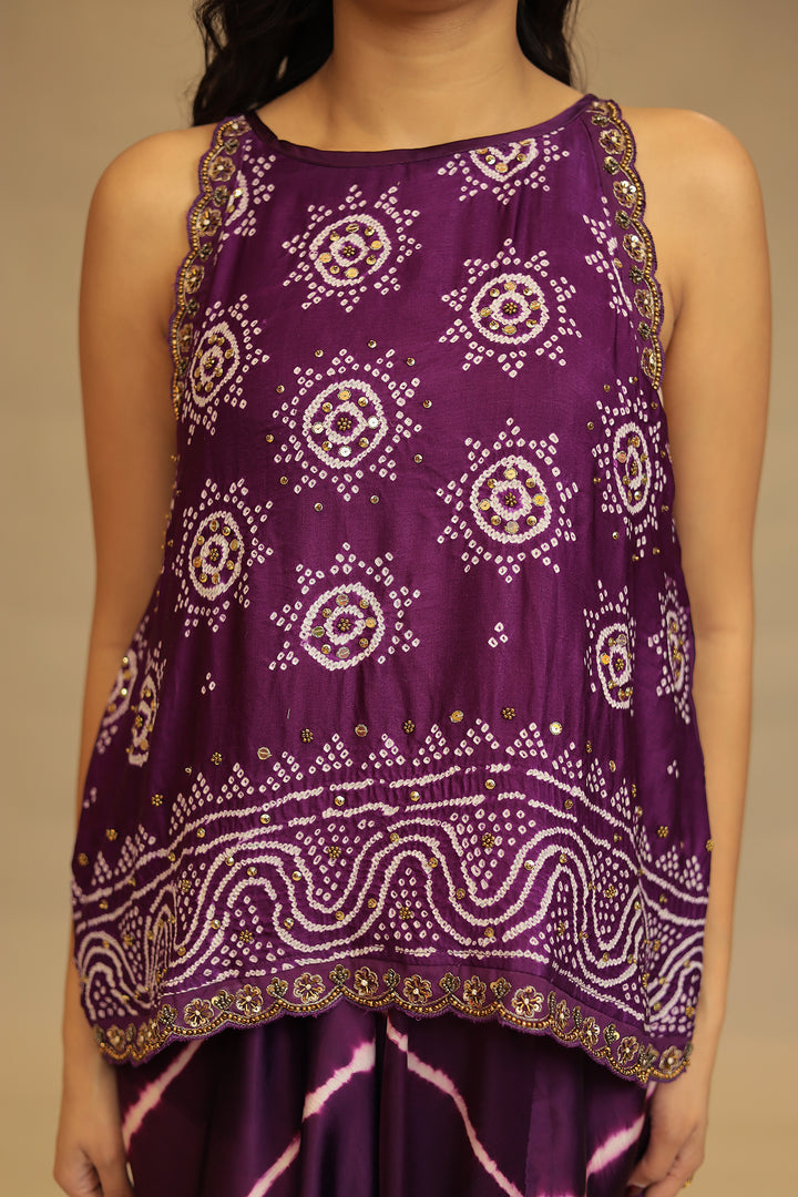 Leheriya, Bandhej Satin silk Indowestern with Sequins and Stone work