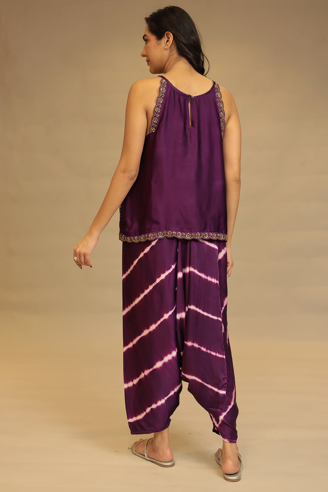 Leheriya, Bandhej Satin silk Indowestern with Sequins and Stone work